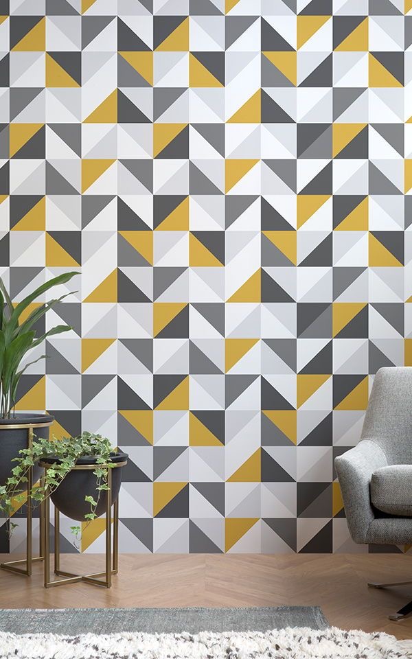 Ideale  Papel de Parede Geométrico Quadrado Cinza com Amarelo e Preto -  Ideale Papéis Papeis de parede